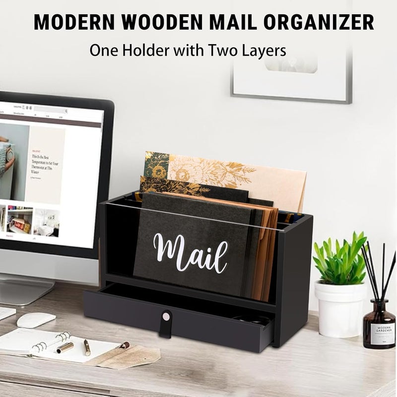 Intarsio Two-Layer Solid Wooden Mail Storage Organizer Holder with Clear Acrylic Top and Bottom Drawer, Leather Handle, Keeping Mail, Bills, Letters, Cards and Office Supplies in One Place, Home Decor Gifts - Image 2